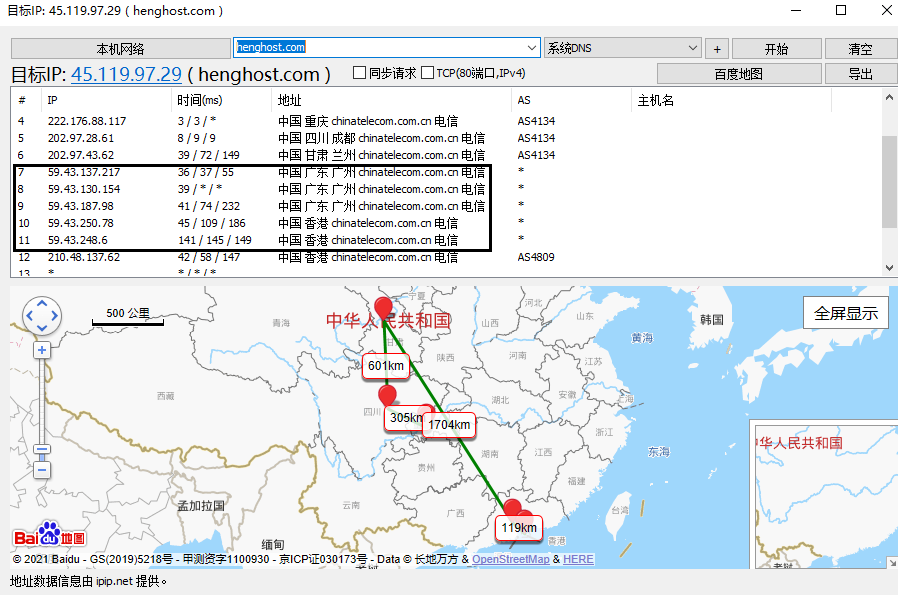 海外服務(wù)器AS4134線路測試