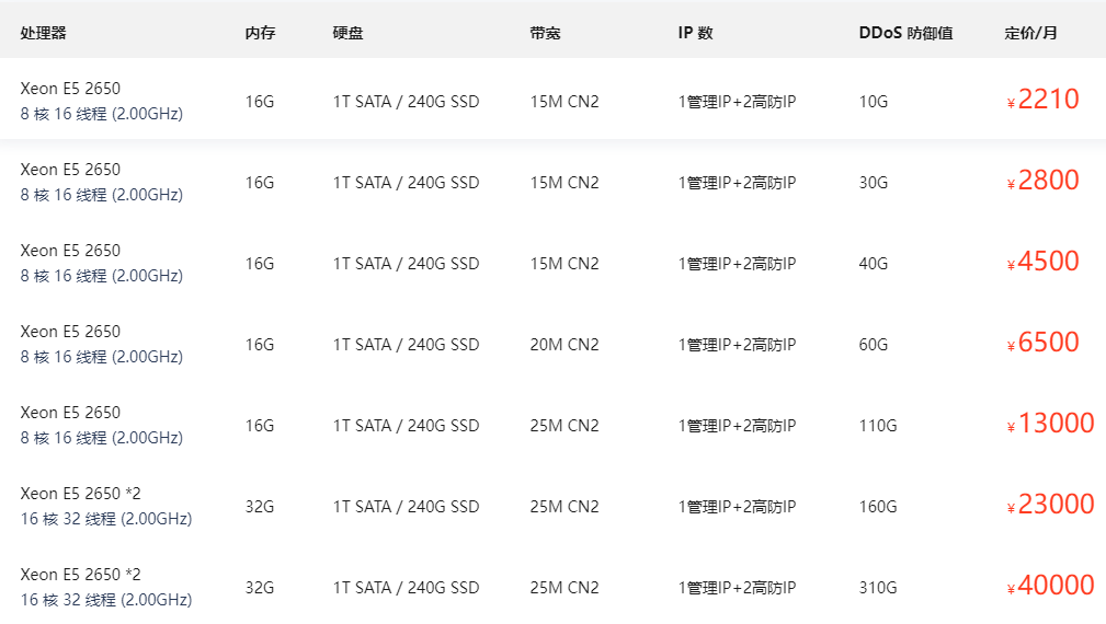高防服務(wù)器價格表